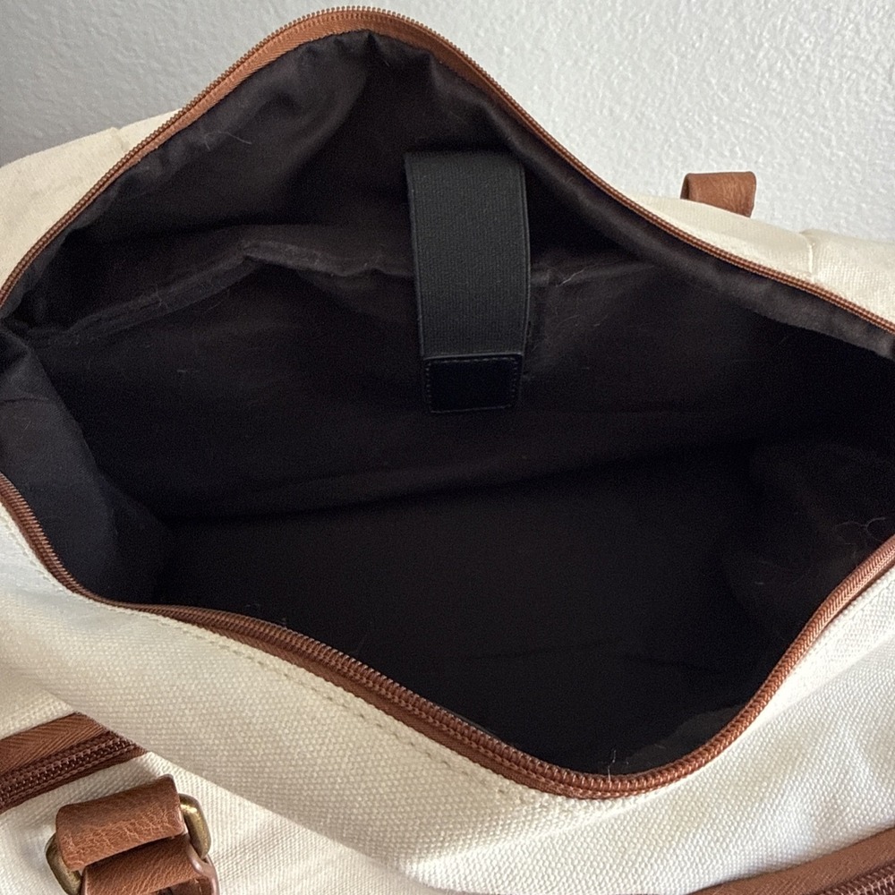 Canvas Weekender Carry-on Duffle Bag Cream/Brown Shoe Compartment/Laptop Sleeve - Picture 7 of 9